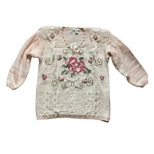 Vintage Sears Classic Elements Handknit Rose Floral Sweater L Pink Cream